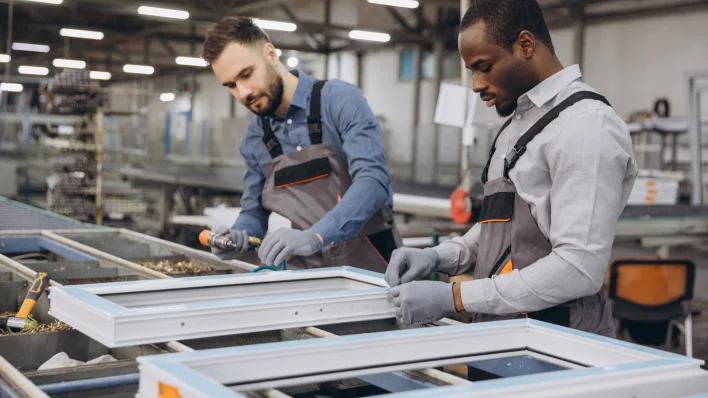 Trabajadores en una línea de montaje destacan cómo Manpower está ayudando a los fabricantes a abordar la escasez de talento en EE. UU. en medio de la relocalización. 
