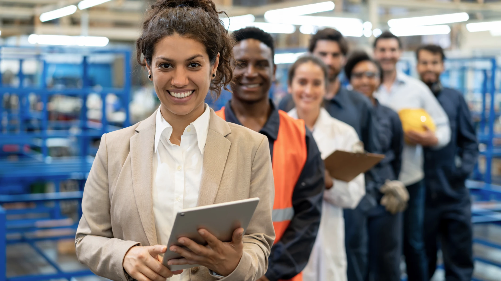 co-workers smiling in a line