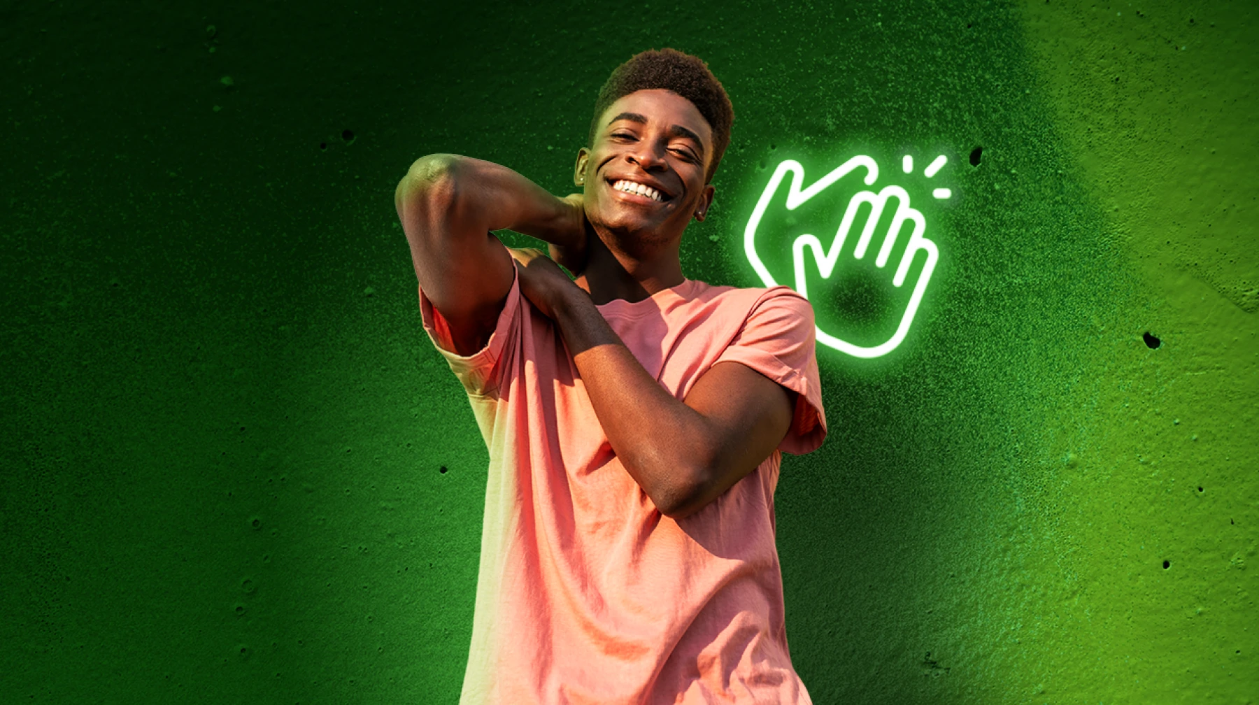 man smiling with hand icon background