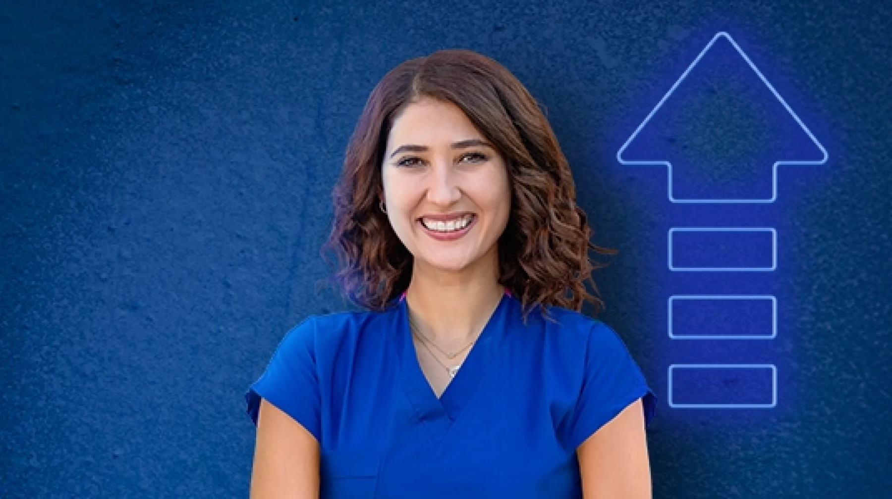 woman smiling with up arrow background