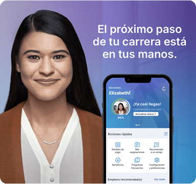 Foto de un candidato junto a la imagen de un smartphone con la aplicación My Manpower y la frase "El próximo paso de tu carrera está en tus manos."
